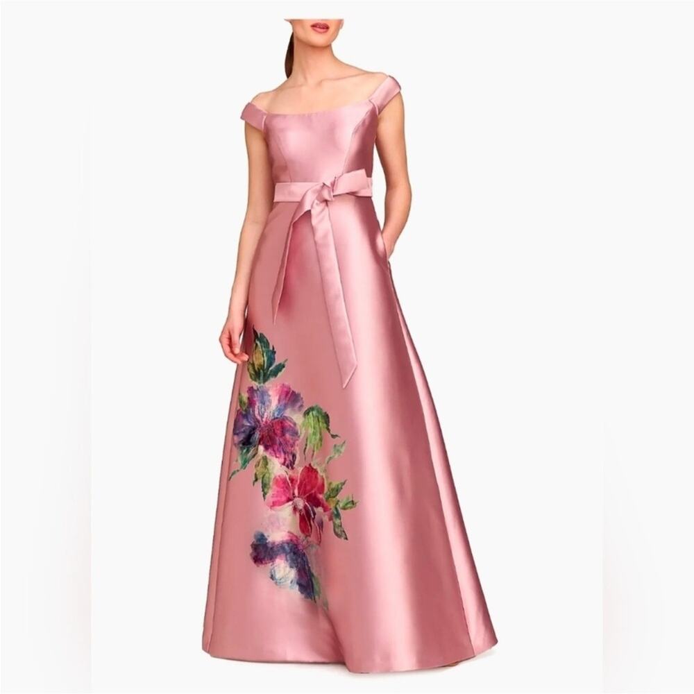 Kay Unger Pink Strapless Satin Gown with Floral Print and Bow Waist